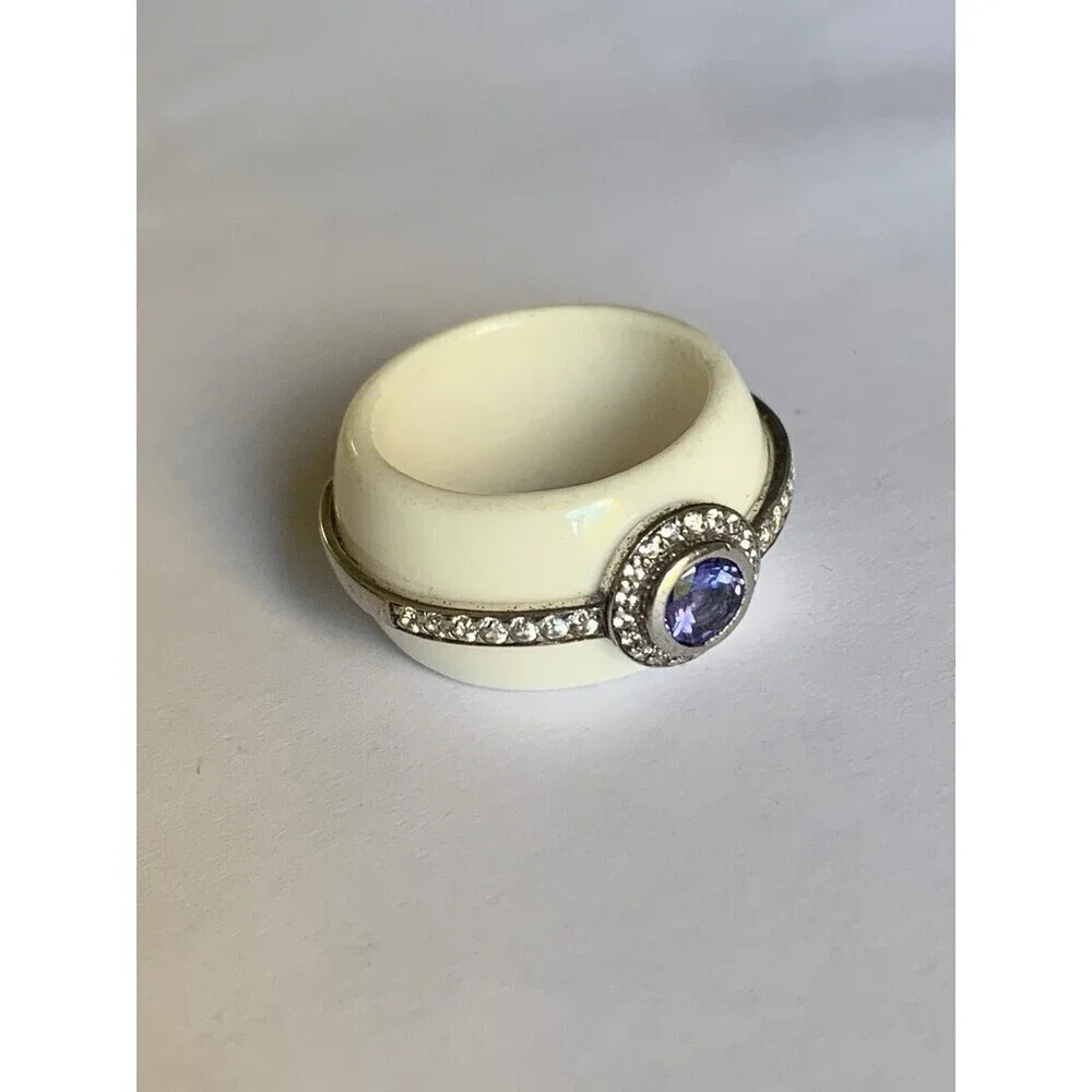 Amethyst and White Topaz Ring Sz 7 Ceramic .925 Sterling Silver